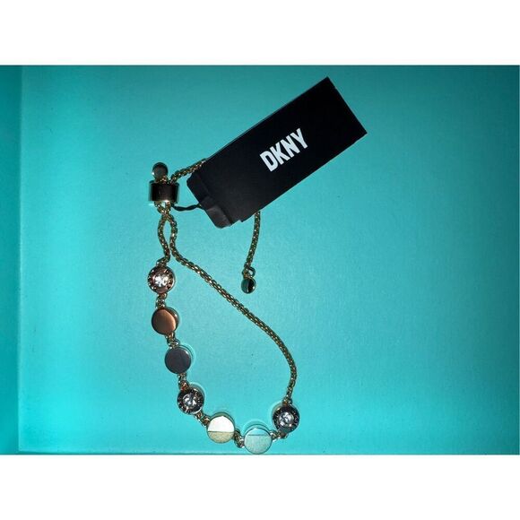 DKNY Tri-Tone Crystal & Logo Disc Slider Bracelet - Picture 4 of 4